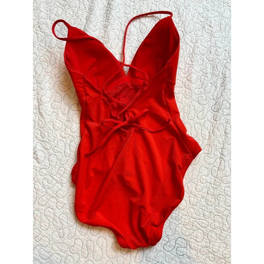 Calia One Piece Swimsuit Lace Up Back V-Neck Size 8‎ NWOT